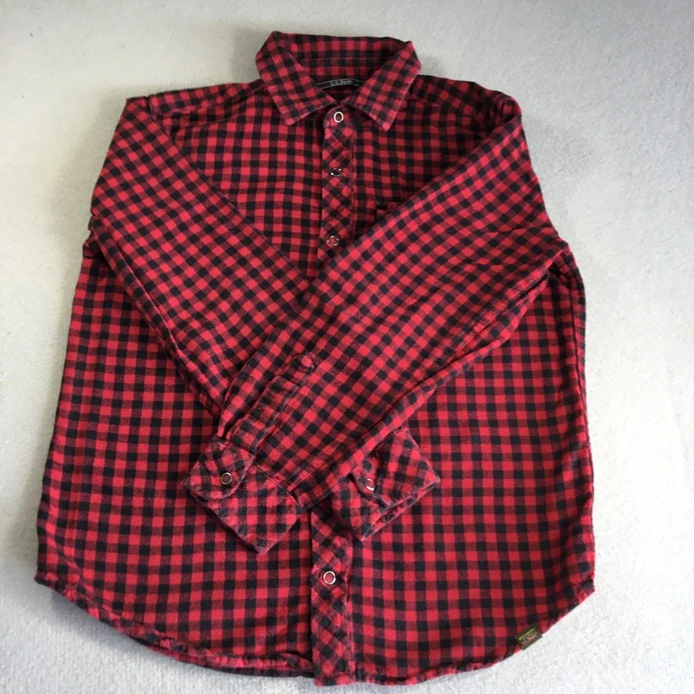 LL Bean Boys Red Black Buffalo Plaid Flannel Snap Shirt M 10-12 509321
